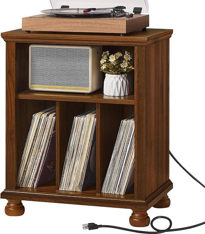 Joaxswe Record Player Stand with Charging Station Up to 200 Albums, 24" Wide Mid-Century Record Player Table with Vinyl Record Storage,Large Wood Turntable Stand Dispaly Cabinet for Living Room,Brown