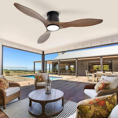 revoici 52'' Ceiling Fan with Lights and Remote, 3 Blade Amber Wood Low Profile Flush Mount Ceiling Fan Indoor, Reversible 6 Speeds Dimmable LED Light Fan for Bedroom Living Room Farmhouse