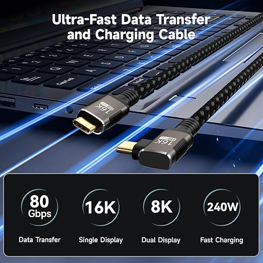right angle USB-C Cable 3.3FT Compatible With Thunderbolt 5/4,Type C 240W Fast Charging,USB C 16K@60Hz/8K@120Hz HD Video Output for Display,USB 5/4 90 degree Cable 80Gbps Data Transfer for SSD/Dock.