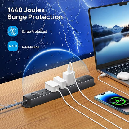 TROND Flat Plug Power Strip USB-10ft Flat Extension Cord Surge Protector Wall Mount, 2 USB C & 2 USB A Ports with Multiple Outlets, 1440J, 1625W for Office Supplies Dorm Room Essentials, Black