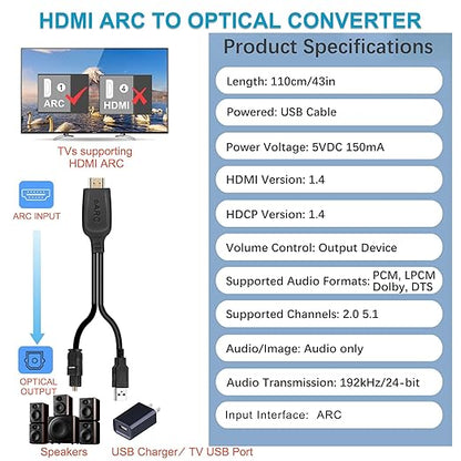 192KHz HDMI ARC to Optical Audio Converter for TV to Soundbar, Plug & Play 3.4ft/1.05m ARC to Optical Cable Audio Extractor Adapter Splitter for Sound System Speaker Home Theater Support Dolby/DTS 5.1