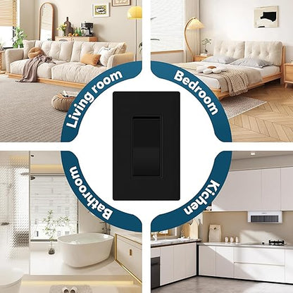 ThunderWay Matte Black 3 Way Decorative Light Switch with Plate, 15 A 120/277 V Rocker Paddle Wall Switch Replacement, Self-Grounding, Residential Grade, Wall Plate, UL Listed (30 Pack)
