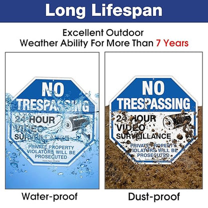 4-Pack No Trespassing Sign Private Property Protected By Video Surveillance Violators Will Be Prosecuted Sign, 10 x 10 Inch Reflective Aluminum, UV Protected, Weather/Fade Resistant, Easy to Install