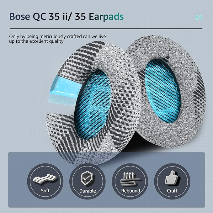 Cooling-Gel QuietComfort 35 / QC35 ii Fabric Replacement Ear Pads for Bose Headphones, Compatible with Bose QC45 QC25 QC2 QC15/ Around-Ear 2 AE2i AE2w/ SoundTrue & SoundLink Series, Blue