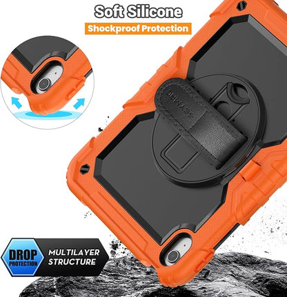 SEYMAC for iPad (A16) 11th/10th Generation Case 2025/2022 (11″/10.9″), Sturdy Heavy Duty Full-Body Shockproof Protective Case with Screen Protector, Rotating Stand, Hand/Shoulder Strap, Black/Orange