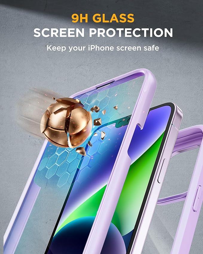 Miracase Glass Series Designed for iPhone 14 Plus Case 6.7 inch, 2023 Upgrade Full-Body Clear Bumper Phone Case with Built-in 9H Tempered Glass Screen Protector and Camera Lens Protector,Purple