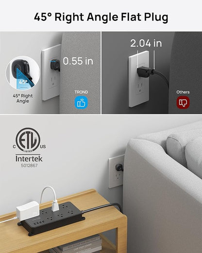 TROND Power Strip Surge Protector 10ft, ETL Listed, Flat Plug Extension Cord with 2 USB-A & 2 USB-C, Wall Mountable, 7 Widely-Spaced Outlets, 1700J, for Home Office Garage, Black