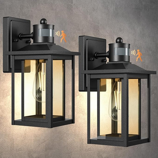 LTBLIGHT 2-Pack Motion Sensor Outdoor Lights, Modern Black Dusk to Dawn Porch Light Lanterns with 4 Modes, Waterproof Exterior Lighting for House, Patio, Garage, Front Door, 120V
