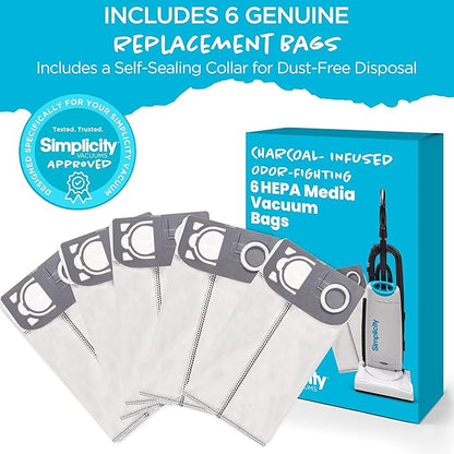 Simplicity Vacuums S26HC-6 HEPA Vacuum Bags with HEPA Media for S26 Premium Allergy Upright Vacuum Cleaner, Charcoal-infused, Drop-in Bag, Sealed HEPA System