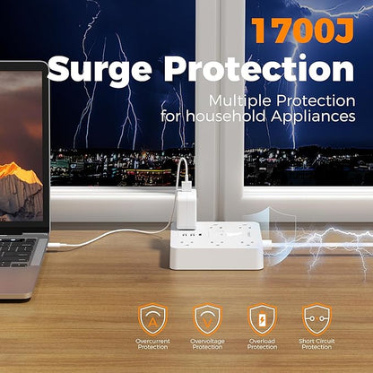 1700J Surge Protector Power Strip, TESSAN 10Ft Extension Cord with Multiple Outlets, Outlet Extender with 6 AC, 3 USB Ports(1 USB C), Charging Station for Home Office Dorm Room Essentials, White