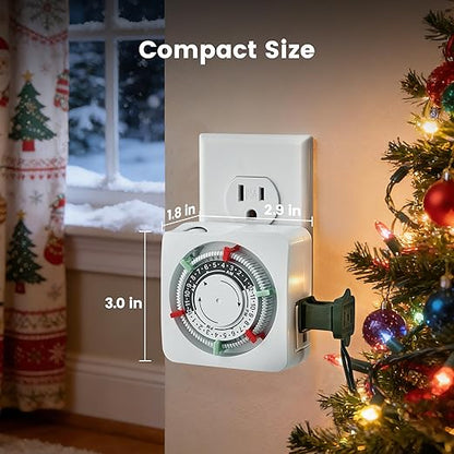 SURAIELEC Mechanical Timer with 2 Grounded Outlets, Indoor Electrical Plug in Timer with Trippers, 24-Hour Programmable and 3 Prong for Christmas Decorations, Plant Lights, Fan, 15A, White, 2 Pack