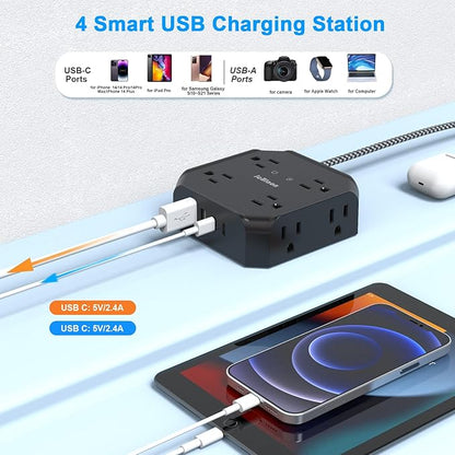 Surge Protector Power Strip-15 Ft Flat Plug Extension Cord with 8 Widely Outlets and 4 USB Ports(2 USB C) Multi Plug Outlet Extender for Office, School, Travel and Dorm Room Essentials-Black