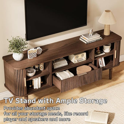 DAMCROP Fluted TV Stand, 55 Inch Mid Century Modern Media Console Table with Sliding Tambour Door Farmhouse Sideboard Buffet Cabinet Fits TVs up to 75 inch, Wood Entertainment Center for Living Room
