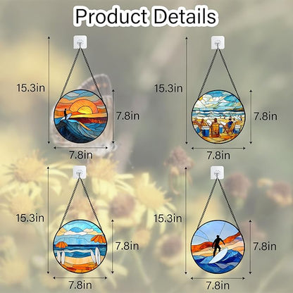 AMDERVEN Stained Glass Window Hanging 4 Pcs Set Blue Ocean Surfing Beach 7.8" - Suncatcher Door Garden Sun Catcher Decor Birthday Mother's Day for Firefighte Men Woman Nana Mom