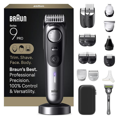 Braun Series 9 PRO All-in-One Beard and Body Trimmer for Men with Gillette Labs Razor, Cordless Grooming System with Precision Length Control, Rechargeable Electric Facial Hair Tool, AIO 9570