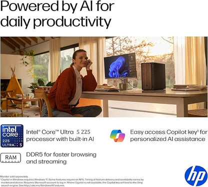 HP 2025 OmniDesk M03 Premium Business Next Gen AI Desktop Computer Intel Core Ultra 5 225(Up to 4.9GHz), 16GB DDR5 RAM, 256GB PCIe SSD,+ 1TB HDD Wi-Fi 6, HDMI, DP, 2-Monitor Support 4K, Windows 11