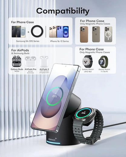 ZEEHOO 3 in 1 Charging Station for Samsung, Wireless Charger Stand, Qi2 15W Fast Charging for Samsung Galaxy S24 Ultra/S23 Ultra/S22/S21, Galaxy Watch Ultra/7/6/5, Galaxy Buds 2/2 Pro (Black)