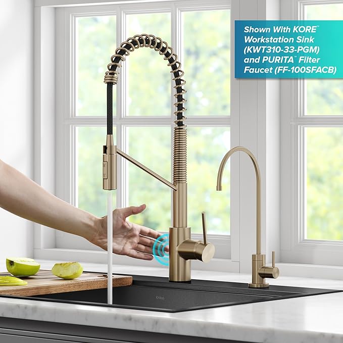 KRAUS Oletto Touchless Sensor Commercial Pull-Down Single Handle Kitchen Faucet with QuickDock Top Mount Assembly in Spot Free Antique Champagne Bronze, KSF-2631SFACB