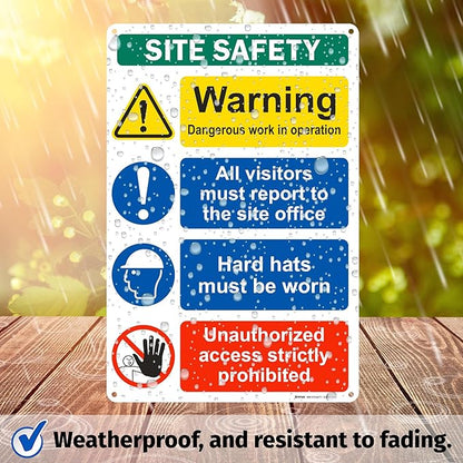 Brimar - 12" x 18" - Construction Site Safety Sign - .063″ White Rust-Free Aluminum - Bold Text - Easy Installation