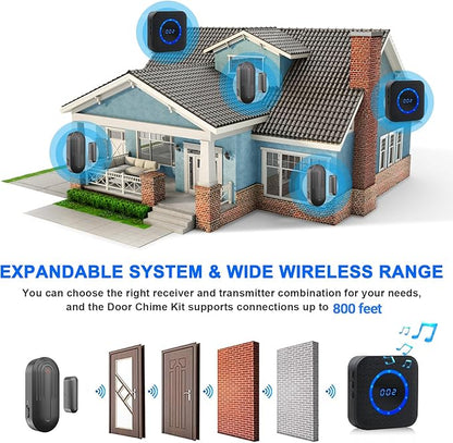 Wireless Door Chime for Business Home Office When Entering Door Alarms When Opened with 800Ft Range 55 Chimes 5 Volume Levels (1 Receiver & 4 Sensor)