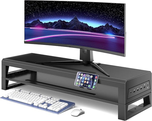 GECKOSTROLL 2-Tier Metal Computer monitor stand Laptop Desk Shelf & Monitor Riser ，27.55 inches long desk riser ,22W charging power, 2 USB 3.0 ports, and 1 USB 2.0 port Monitors/PC/Laptop/Computer Space Saver Organizer(USB Hub Fast Charging Version, Tw...