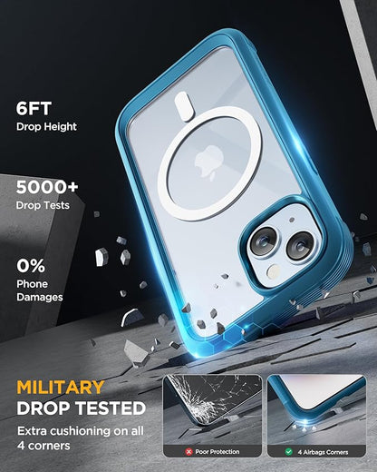 Miracase Glass Series for iPhone 15 Case [Compatible with MagSafe] Full-Body Magnetic Bumper Case with Built-in 9H Tempered Glass Anti-Fingerprint Screen Protector + Camera Lens Protector, Sea Blue