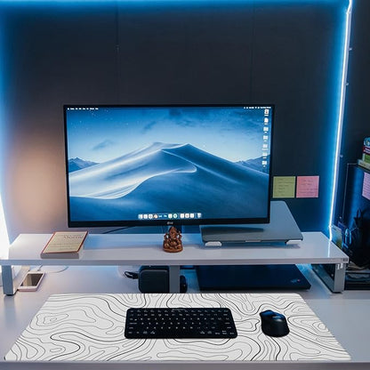 Eflxamz Desk Mat,White Topographic Contour Map Desk Pad,Topographic Contour Large Gaming Mouse Pad for Desk,Extended Big Computer Keyboard Mouse Pad with Non-Slip Base and Stitched Edge,35.4"x15.7"