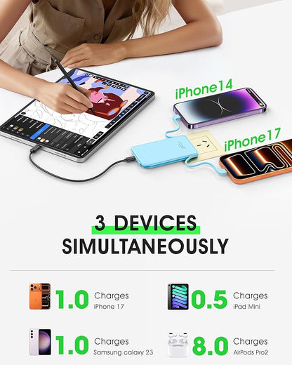 TG90° Portable Charger Built-in AC Wall Plug and Cables, Slim Fast Charging Power Bank 5000mAh, Pocket Size USB C External Battery Pack Compact Travel Charger Compatible with iPhone, Samsung