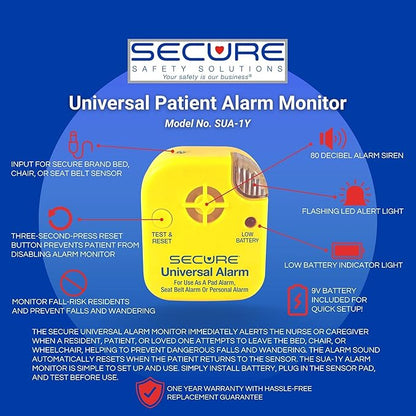 Secure Bed Alarm for Elderly Adults - 12" x 30" Pressure Sensor Pad, 80 dB Caregiver Alert with Holder, 9V Battery - Fall Prevention, Dementia Patient Monitoring, Motion Sensor for Seniors