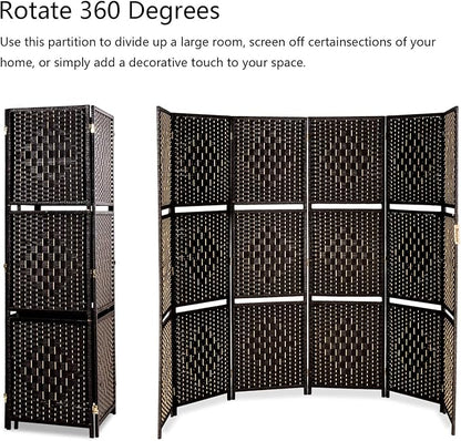 Bonnlo Upgraded Heavy Duty 6FT Tall Rattan Room Divider Screens with Partition Wall 2 Display Shelves, Indoor Folding Screen Dual-Sided Hinges for Home Office (6 Panels)