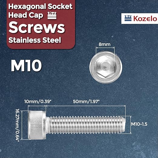 Kozelo 4pcs Socket Head Cap Screws - [M10-1.5 x 50mm] 304 Stainless Steel Allen Socket Drive for Electrical Motor 3D Printing Fan Engine Replacement Use, Silver
