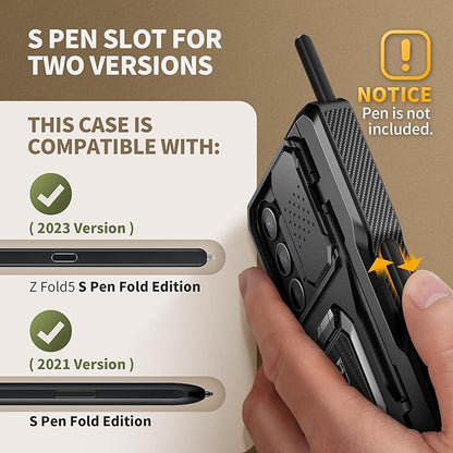TONGATE for Z Fold 5 Case with Ring Stand, Built-in S Pen Holder & Glass Screen Protector Shockproof Rugged Z5 Phone Case with Slide Camera Cover& Belt Clip for Samsung Galaxy Z Fold 5, Privacy Black