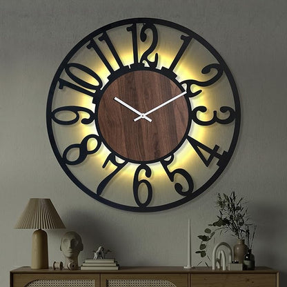 Casaformia 32'' Large Silent Wall Clock with Night Light, Glow in The Dark Decorative Wall Clock Battery Operated, Rustic Modern Metal & Wood Clocks for Bedroom Living Room Decor, Arabic Numerals