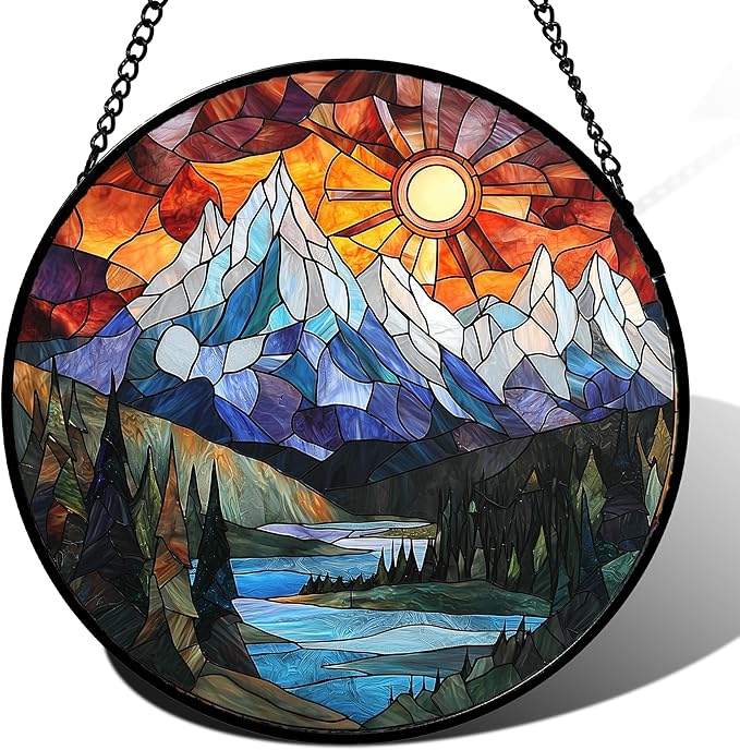 AMDERVEN Stained Glass Window Hanging - Colorful Mountain Lake Landscape Sun Catcher for Door Garden Home Decor Suncatcher Christmas Mother's Day Birthday Gifts for Women Men Mom Nana 15 in