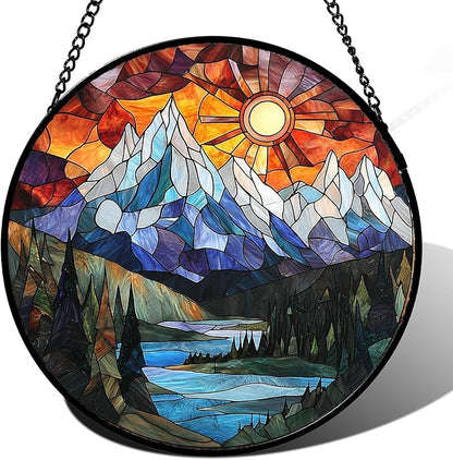 AMDERVEN Stained Glass Window Hanging - Colorful Mountain Lake Landscape Sun Catcher for Door Garden Home Decor Suncatcher Christmas Mother's Day Birthday Gifts for Women Men Mom Nana 6.3 in