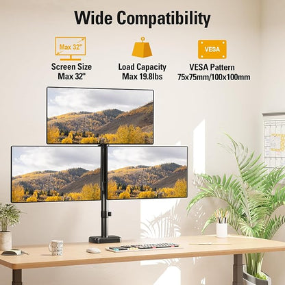 DreamAxis Triple Monitor Mount up to 32" Computer Screen, up to 19.8lbs Each, Adjustable 3 Monitor Stand with Clamp & Grommet Kit, Gas Spring Arm with Tilt Swivel Rotate, VESA Mount 75x75/100x100mm