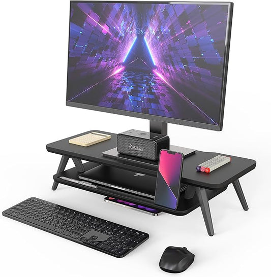 Fenge Monitor Stand, Monitor Stands Riser for Desk, 23.6 Inch Wood Desk Shelf with Storage Organizer and Cable Management for Office Desk Accessories