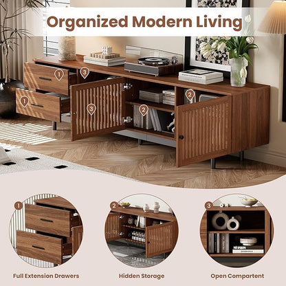 Zerberus 78” TV Stand, Mid-Century Modern TV Console Entertainment Center for TVs up to 85 Inch, Media Cabinet with Deep Drawers, Slatted Doors, Adjustable Shelf, Cable Management