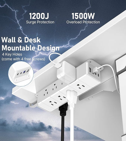 30W USB C Power Strip Surge Protector,4 Side 12 Outlets Desk Power Strip with Ultra Thin Flat Plug,PD Fast Charing,2 USB-C,2 USB-A(USB Total 40W),10ft Flat Extension Cord with Multiple Outlets,1200J