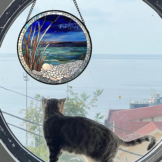 AMDERVEN Stained Glass Window Hanging 4 Pcs Set Navy Blue Ocean Landscape 7.8" - Suncatcher Door Garden Sun Catcher Decor Birthday Mother's Day for Mom Woman Nana Girl Boy Friend