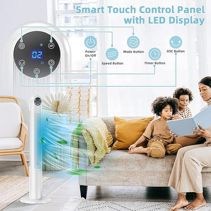 GOFLAME Tower Fan with Remote Control, 42" 80° Oscillating Quiet Cooling Fan with 3 Wind Modes, LED Control Panel and 12H Timer, Portable Bladeless Standing Fan for Bedroom Living Room Office (White)