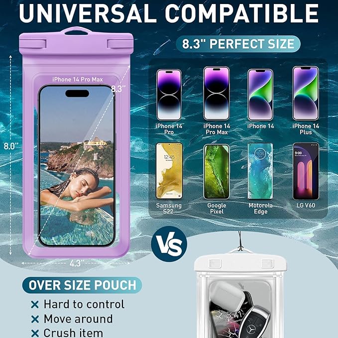 Universal Waterproof Phone Case, with Inside Card Pack, Waterproof Beach Bag for iPhone 16 15 14 13 Pro Max up to 8.3", IPX8 Cell Phone Pouch for Cruise Travel Accessories, 2 Pack-Black&Purple