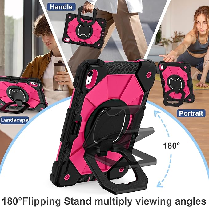 Case for iPad (A16) 11th Generation 11 Inch (2025) / iPad 10th Generation Case 10.9 Inch (2022) with 360° Rotating Stand Screen Protector Pen Holder Shoulder Strap, Black Pink