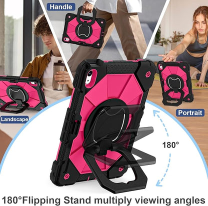 Case for iPad (A16) 11th Generation 11 Inch (2025) / iPad 10th Generation Case 10.9 Inch (2022) with 360° Rotating Stand Screen Protector Pen Holder Shoulder Strap, Black Pink