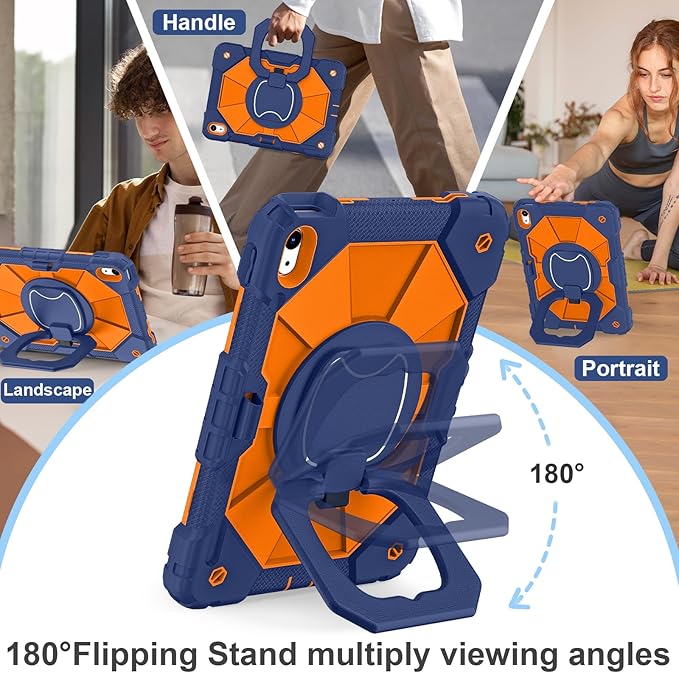 Case for iPad (A16) 11th Generation 11 Inch (2025) / iPad 10th Generation Case 10.9 Inch (2022) with 360° Rotating Stand Screen Protector Pen Holder Shoulder Strap, Navy Orange