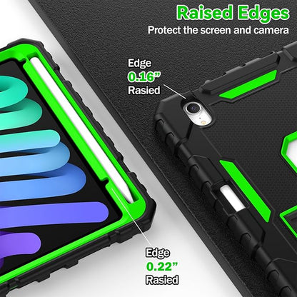 Grifobes Case for iPad mini 7 (A17 Pro) 2024 / Mini 6 2021 8.3 inch, Heavy Duty Shockproof Rugged Cover with Pencil Holder Stand, for I Pad Mini7th/6th Gen 8.3" Case for Kids Boys (Black+Green)