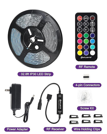 32.8ft LED Strip Lights, HitLights RGB 5050 Color Changing LED Light Kit Ultra Brighter 300LEDs Flexible Light Strips with RF Remote and UL Power Supply for Home Room Party TV Bedroom