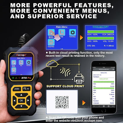 Acclope BT60 Pro Car Battery Tester, Digital Analyzer with Cloud Printing, 100-3000 CCA Range for 6V/12V/24V AGM, Lithium, Gel Batteries, Automotive Charging System