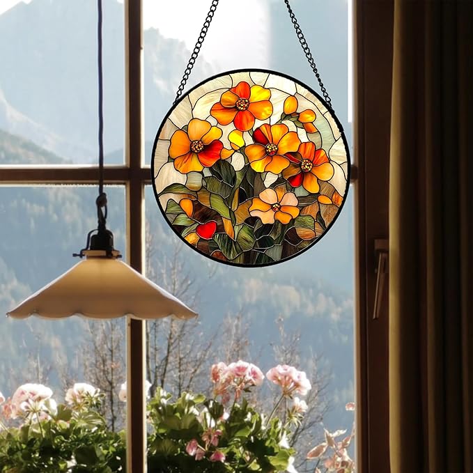 CRISGIF Stained Glass Window Hanging - Orange Marigolds Flowers Suncatcher for Door Garden Yard Sun Catchers Decor Christmas Mother's Day Birthday Gifts for Women Mom Nana Girlfriend Men 6.3 in