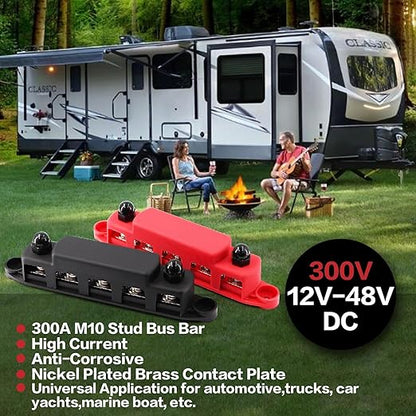 Tuijodaix 300A Bus Bar 5 Post 12V-48V DC Power Distribution Block,5 * 3/8"(M10) Battery Terminal Studs with Cover and Wire Lugs for Wiring,Automotive,Marine,Battery busbar (Red&Black)